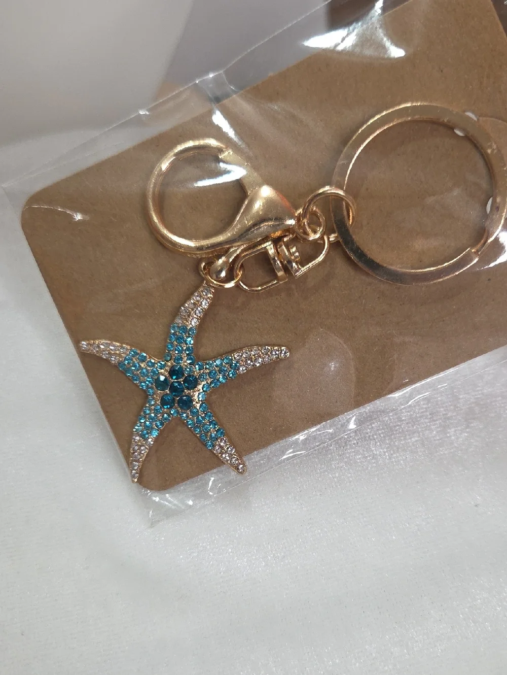 Ladies Blue Starfish Keychain Bag Charm Purse Charm Shiny Accessory Rhinestones